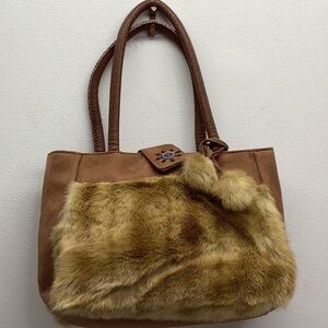 Fur small tote bag with pompom accent and front beaded clasp Preowned